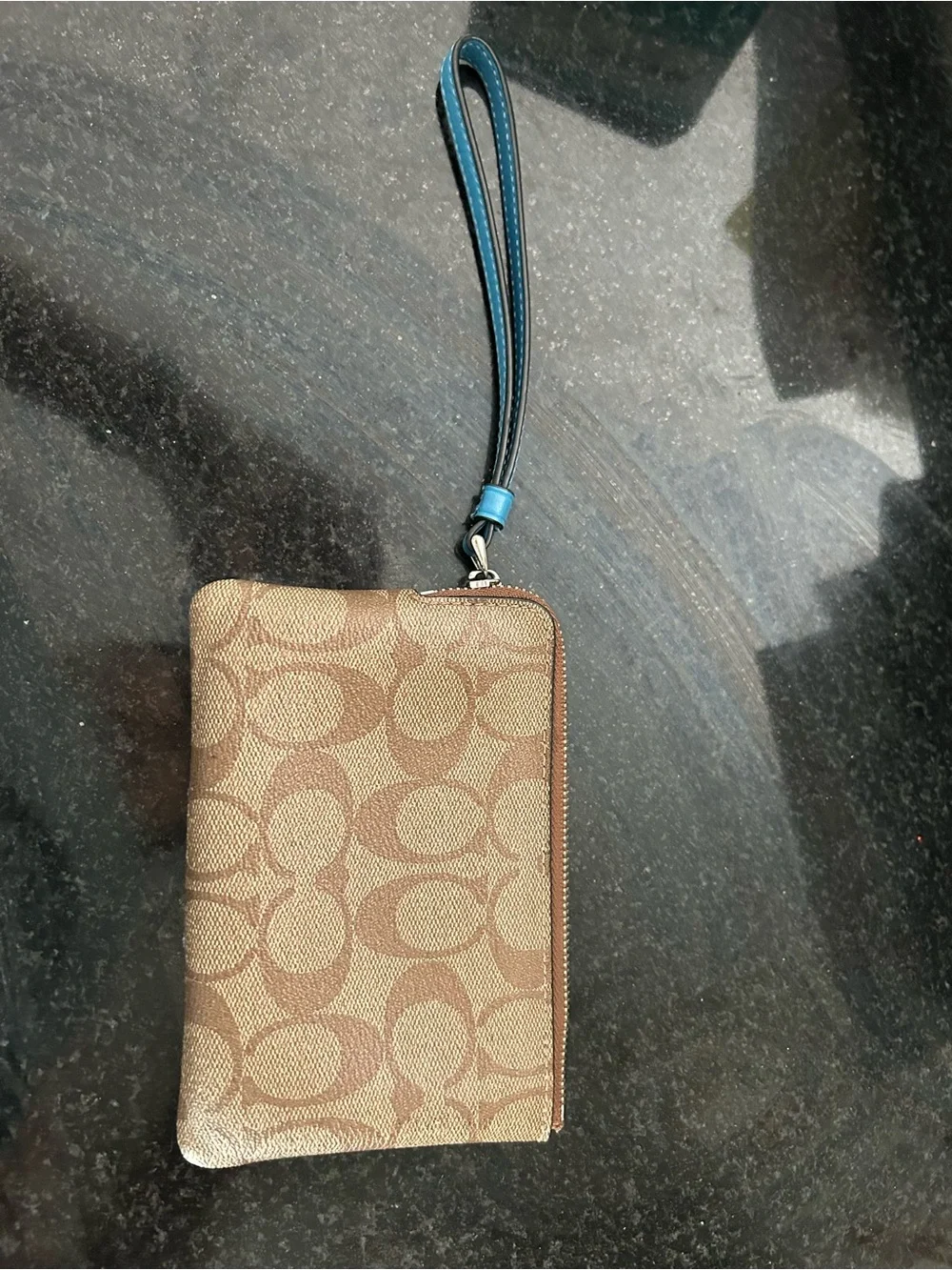 Coach Tan Signature Canvas Wristlet with Blue Leather Band